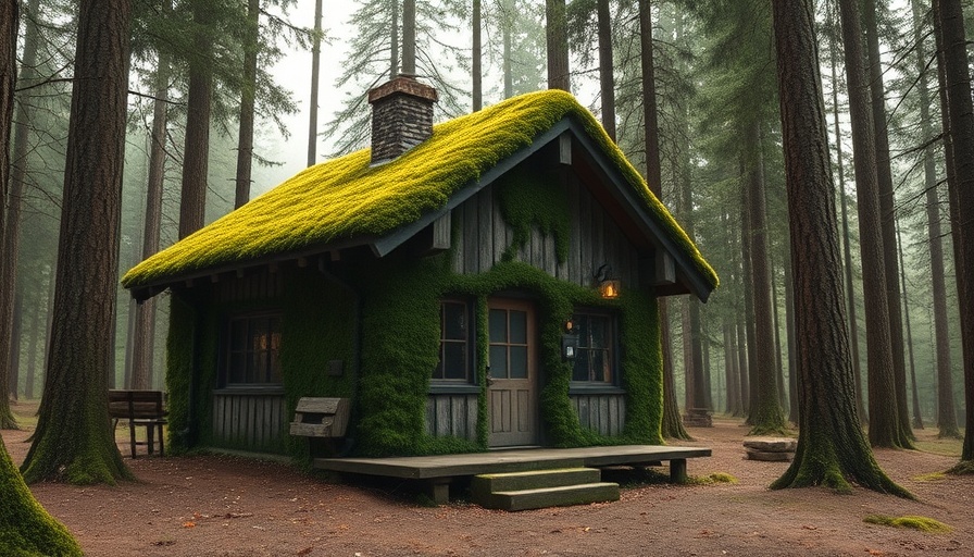 Charming cabin with moss-covered roof in calming forest.