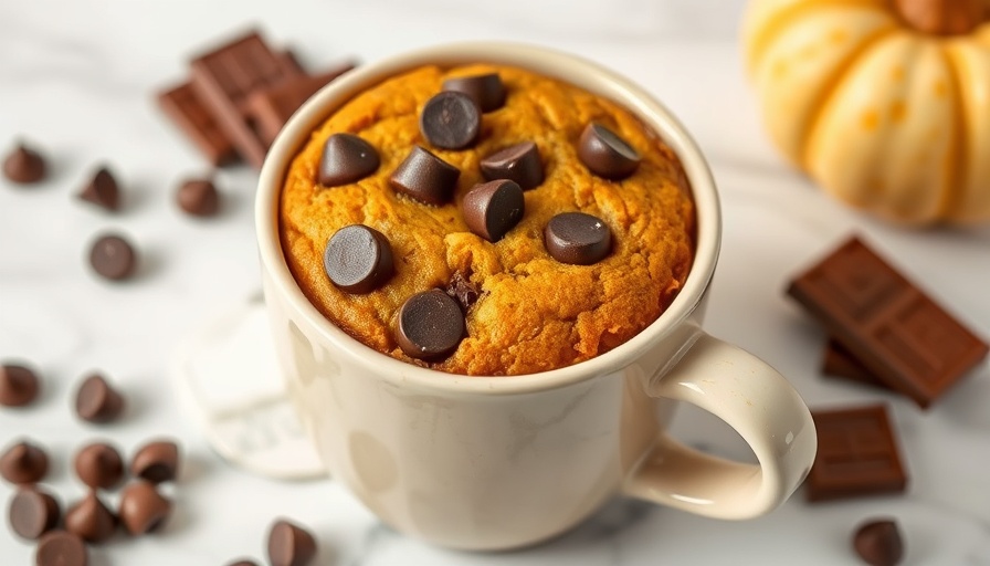 Healthy high-protein pumpkin chocolate chip mugcake in a mug.