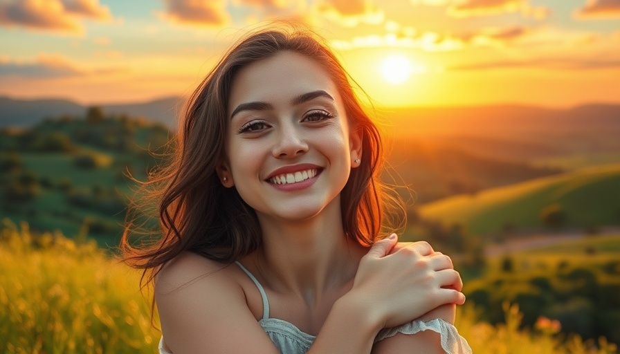 Serene woman embracing herself under vibrant sky, treat yourself like someone you love.