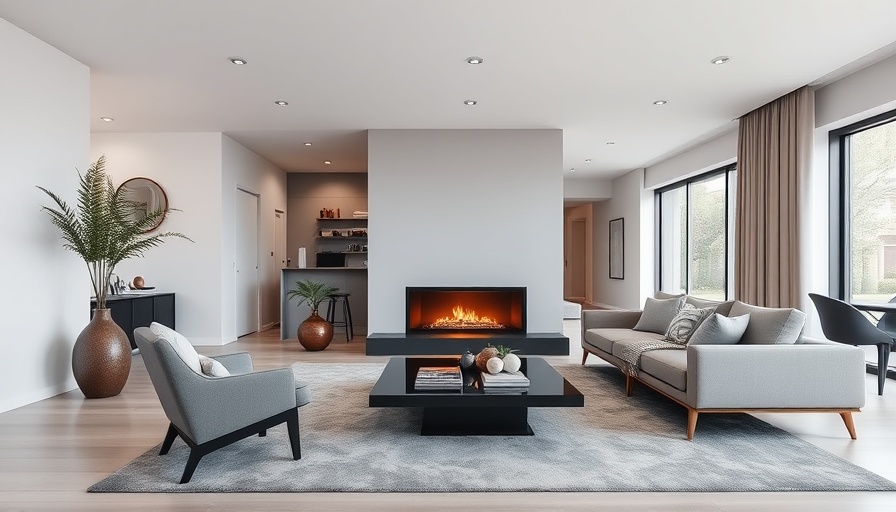 Modern living room with staging decor and fireplace.