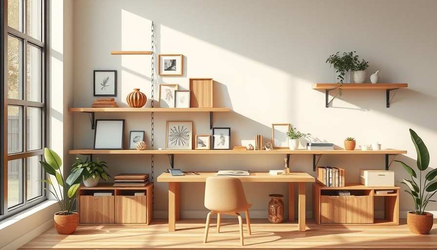 Minimalist workspace design with natural wood shelves and sunlight.