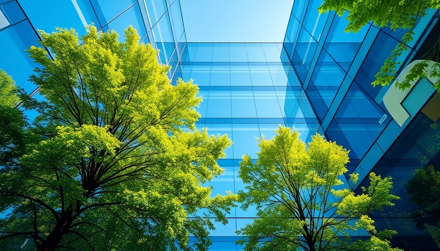 Glass office building reflecting trees, clear sky