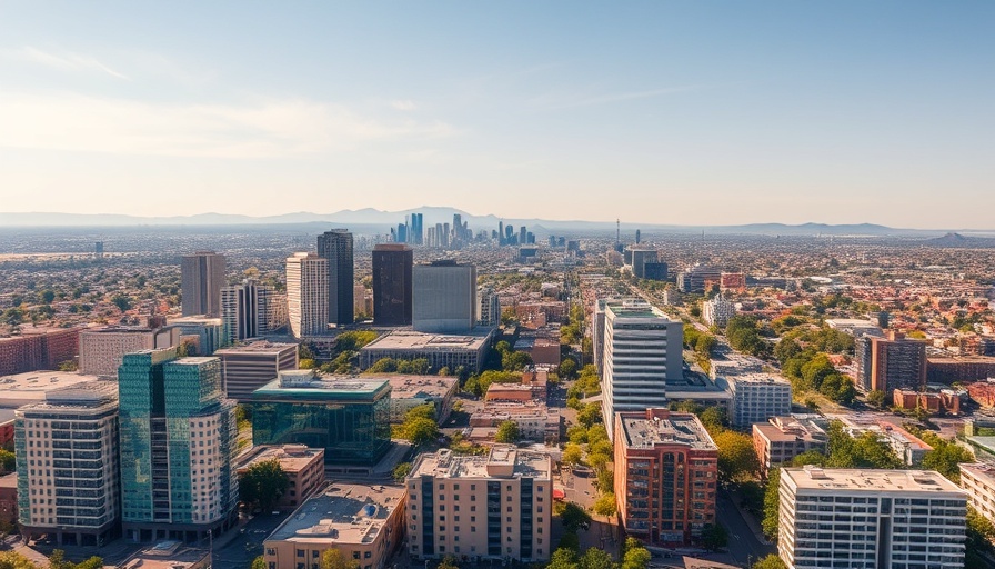 Aerial view of Glendale with L.A. skyline, sunny day.