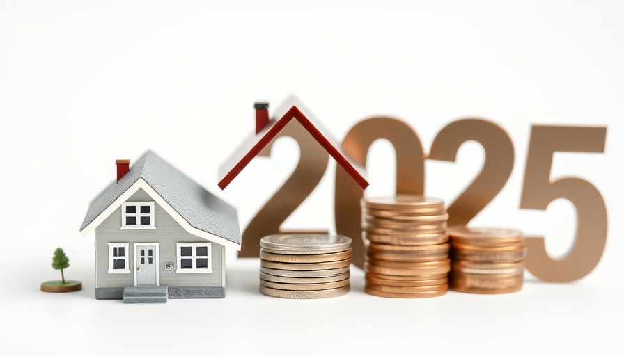 Miniature house and stacked coins with '2025' text, growth concept.