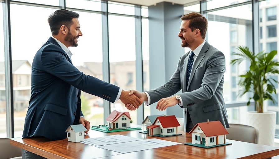 Business professionals in an office exchanging a handshake over lease agreements.