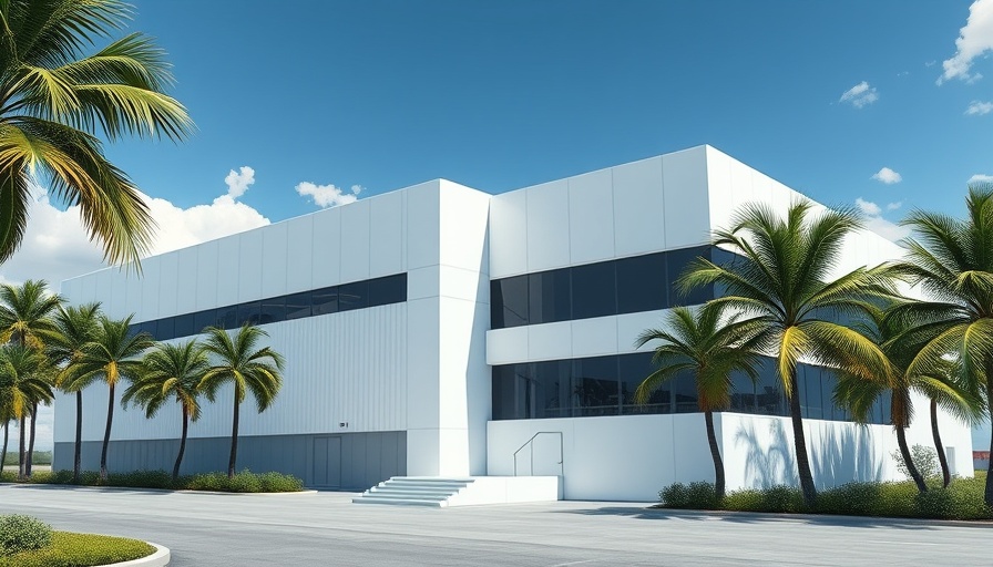 Modern industrial building in Garden Grove with palm trees and sleek design.