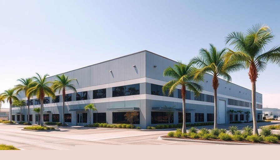 Modern industrial real estate in Orange County with palm trees, clear sky.