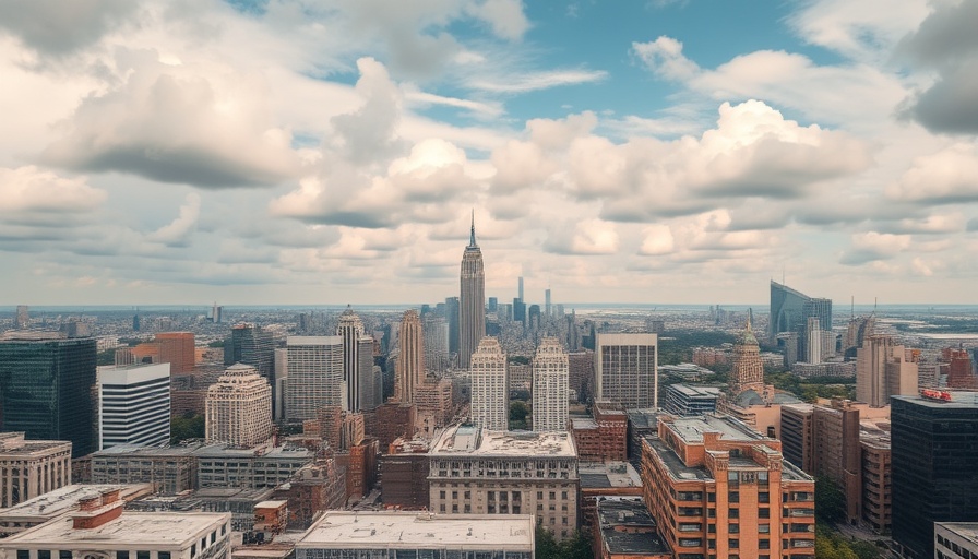 Urban cityscape with diverse buildings, highlighting real estate uncertainty.