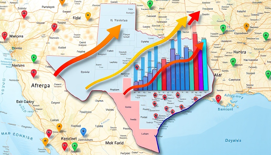 Illustrative map of Texas showing population growth with colorful indicators.
