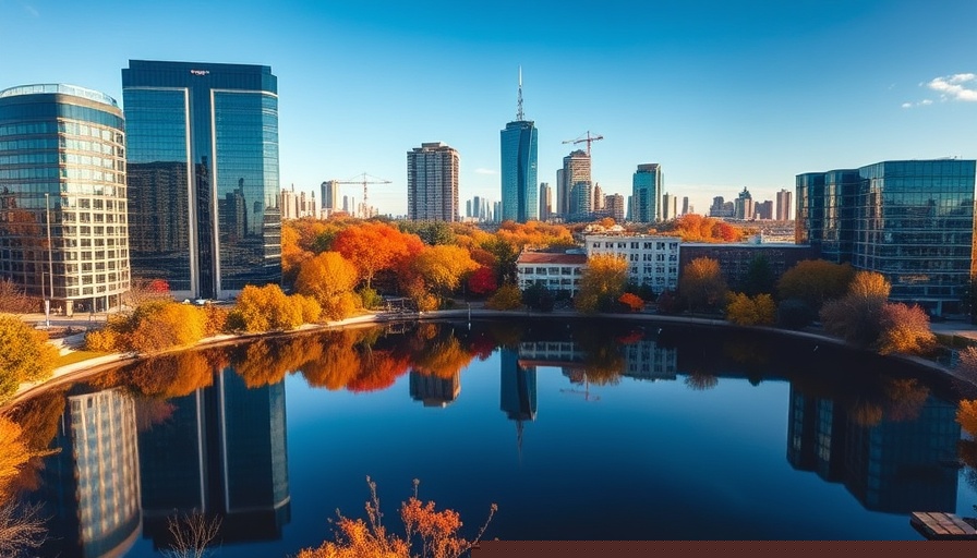 Waterfront at Washingtonian Office Experience aerial view with lake and autumn foliage.