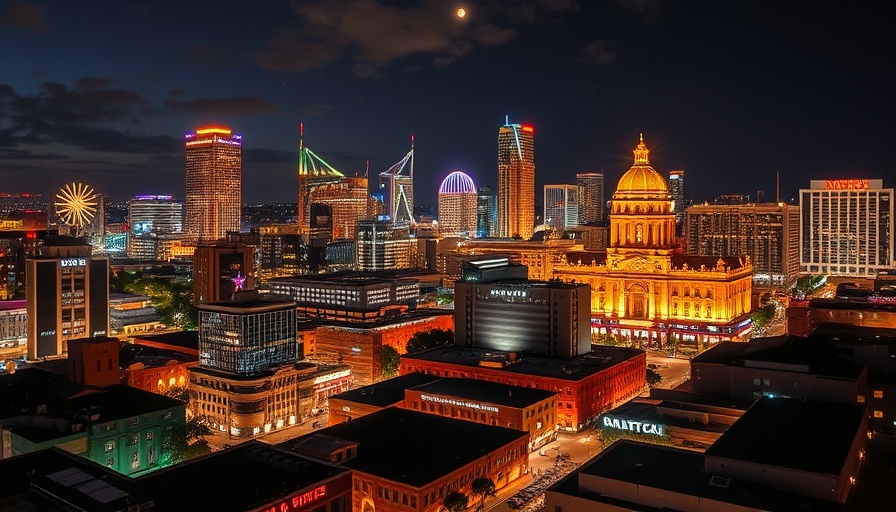 Panoramic view of San Antonio skyline at night lit up, Project Marvel San Antonio.