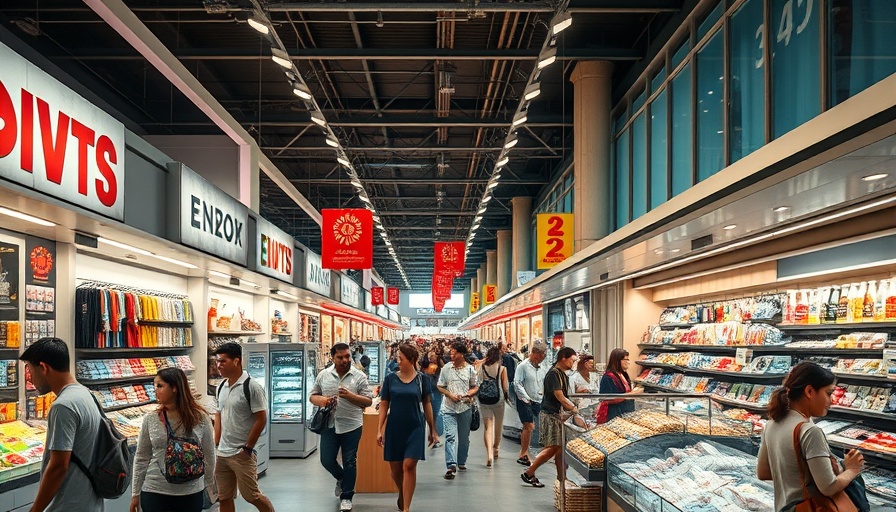 Modern retail marketplace showcasing diverse products and customer activity, highlighting retail market trends.