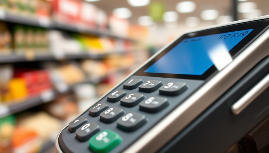 Card payment terminal in grocery store with Canada mortgage rates theme.
