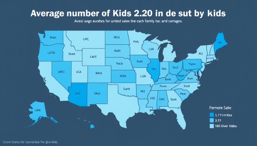 Average number of kids per family in US states map; visualizes data by state.