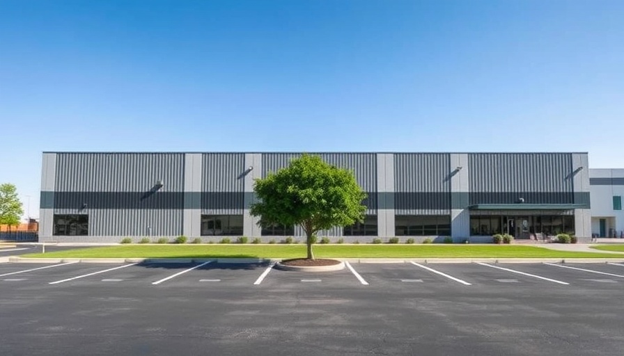 Modern industrial building exterior in Stanton CA with parking lot and tree. Industrial Real Estate Market in Stanton CA