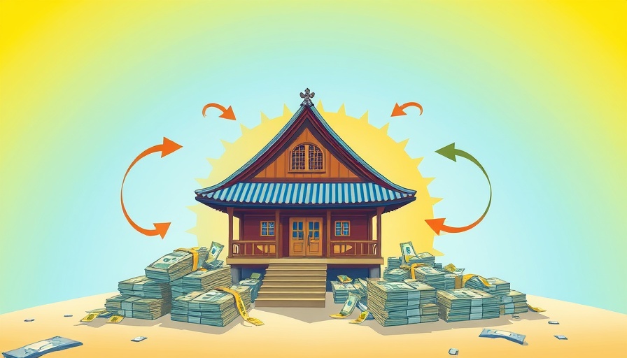 House transforming into cash with arrows, best reverse mortgage rates in Canada, concept illustration