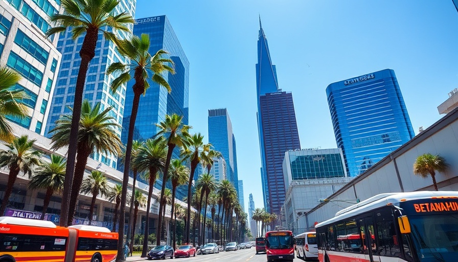 Urban skyline with skyscrapers and buses in Los Angeles.