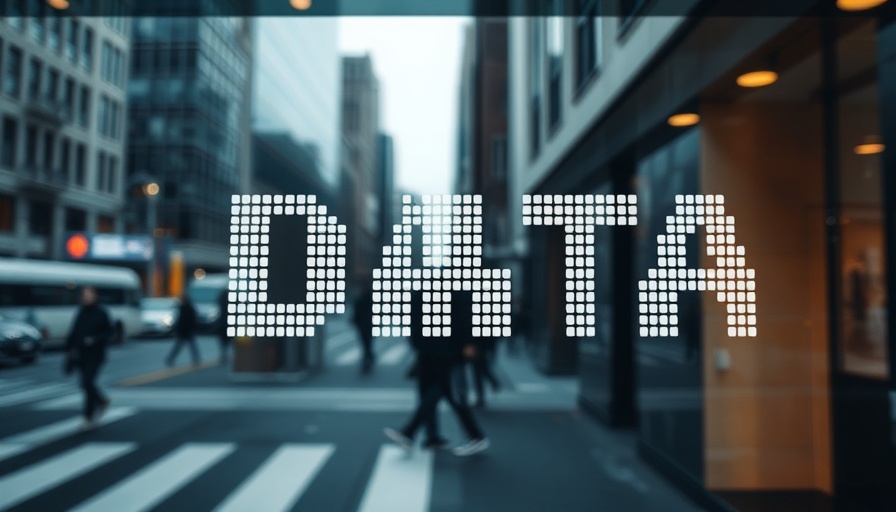 Pixelated 'DATA' text reflecting urban street for real estate data investment insight.