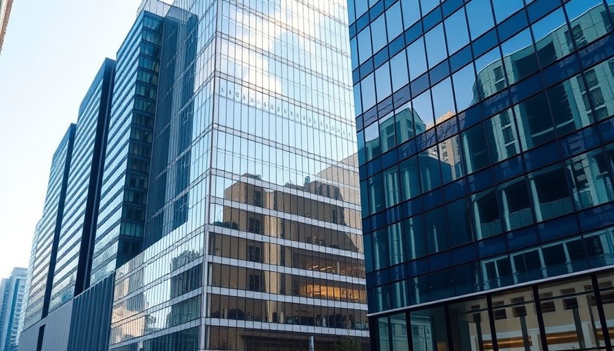 Modern office buildings in commercial real estate lending context.