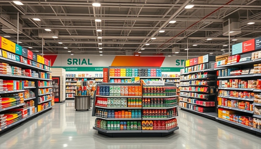 Well-organized retail end cap space with colorful displays.
