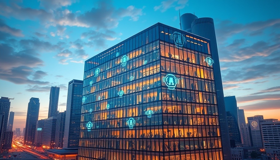 AI driven commercial real estate, futuristic office illuminated.