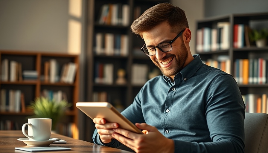 Smiling man using a tablet in a modern office for commercial real estate CRM.