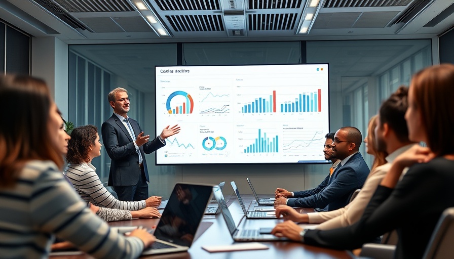 Business professional delivering a compelling CRE presentation in a modern office.