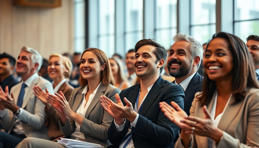 Business professionals clapping at CRE conference, networking tips focus.
