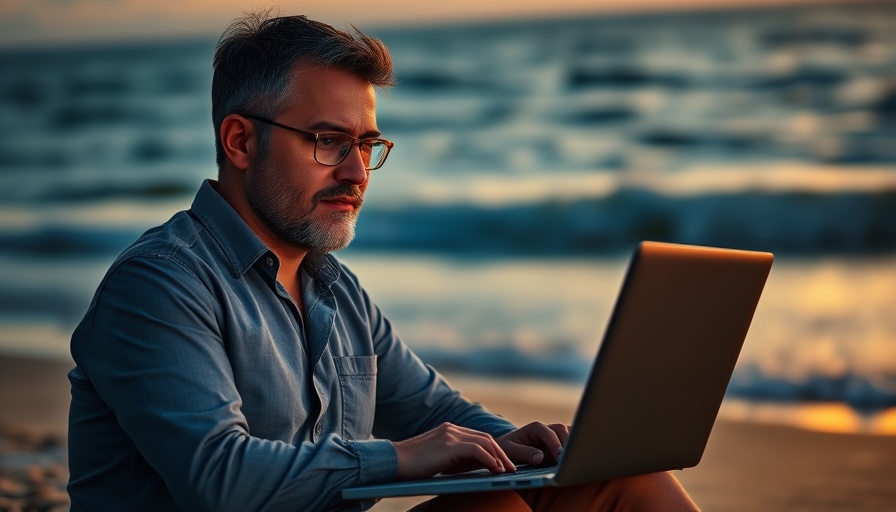 Professional working on laptop by ocean during sunset, Summer 2022.