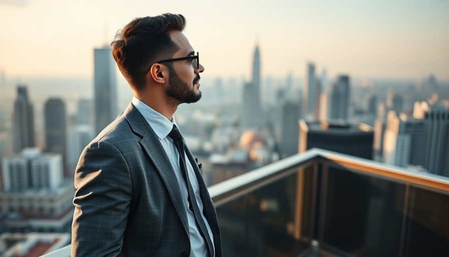 Business professional embracing success overlooking city, CRE business.