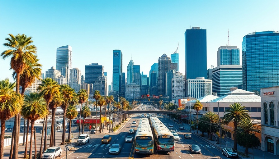 Los Angeles skyline with skyscrapers, palm trees, and buses, ideal for Retail Space for Lease Los Angeles.