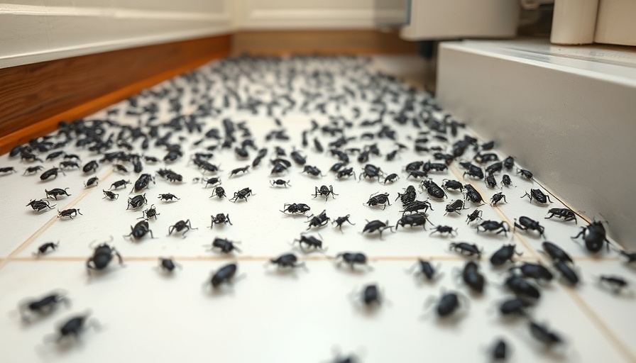 Infestation of tiny black bugs on kitchen floor corner, pest control scene.