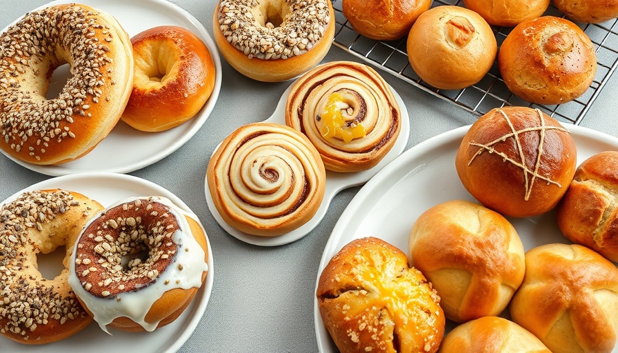 Assortment of high-protein dough creations including bagels, cinnamon rolls, and muffins.