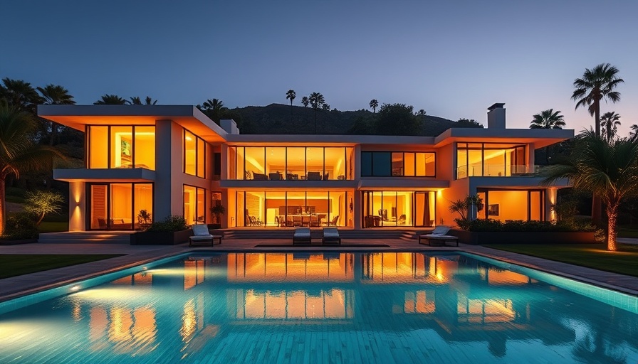 Modern Malibu estate in Serra Retreat with pool and evening lights.
