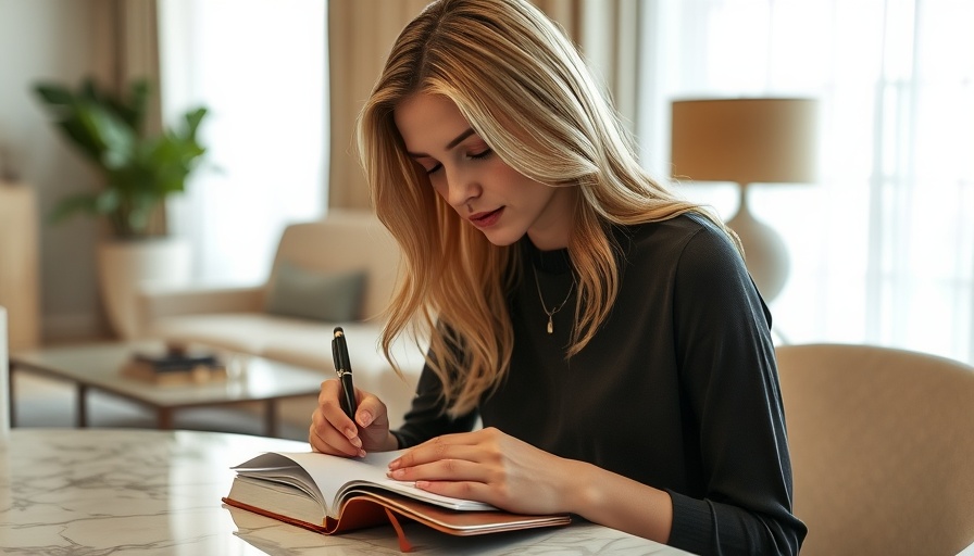 Blonde woman engaged in writing rituals to boost creativity in a serene setting.