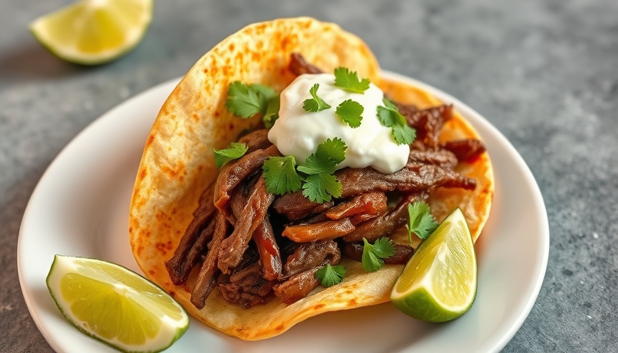 Tasty taco with OLIPOP chuck roast, cilantro, and sour cream on a tortilla.