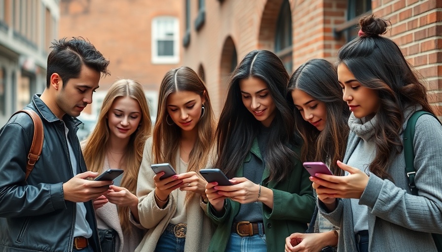Fashionable group engaging with smartphones, urban setting.