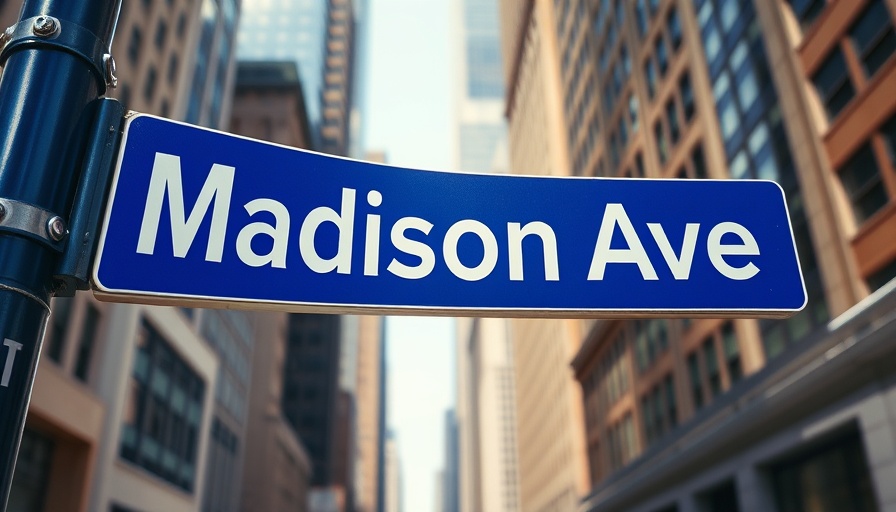 Madison Avenue street sign in NYC with blurred urban backdrop.