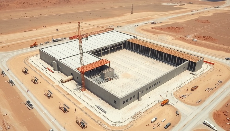 Construction site of Mesa Linda Logistics Center with crane in desert.