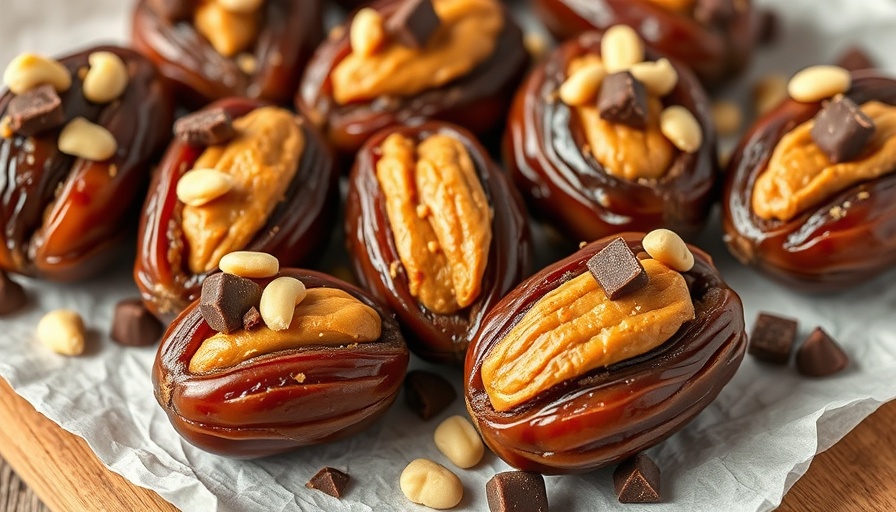 Snickers stuffed dates with peanut butter, nuts, and chocolate.