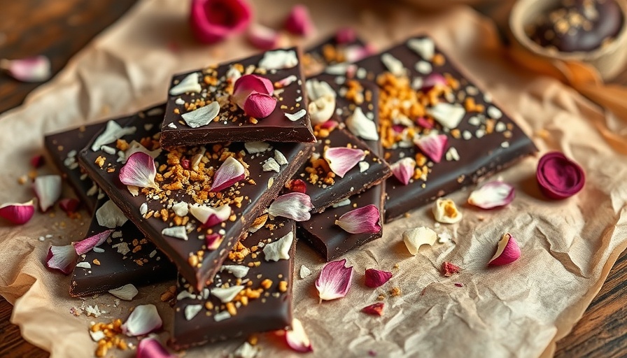 Rose-infused dark chocolate bark with rose petals.