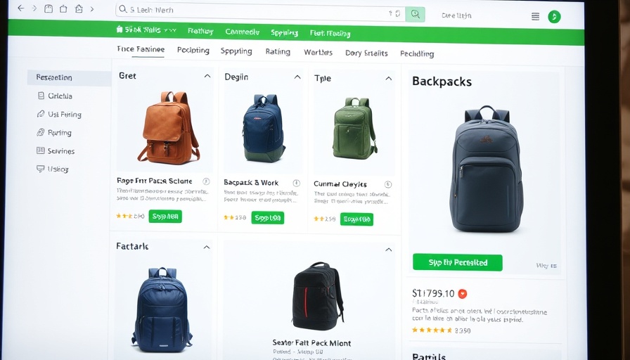 Online shopping interface showcasing work backpacks and reviews.