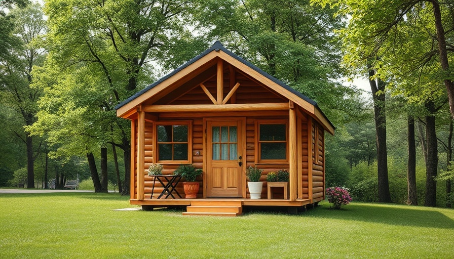 Charming wooden tiny house on a grassy lawn.