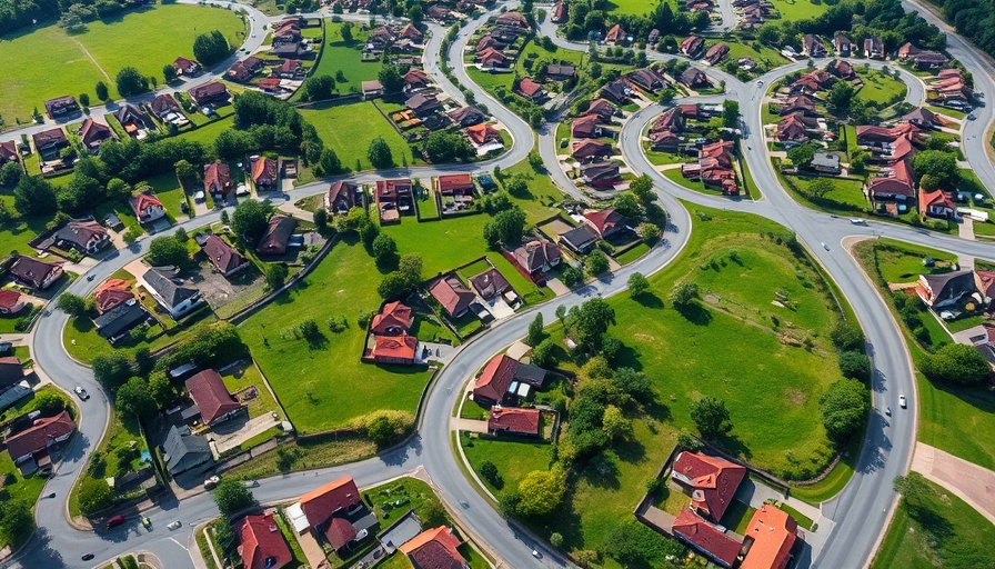 Aerial view of suburb highlighting US home prices lag behind inflation.