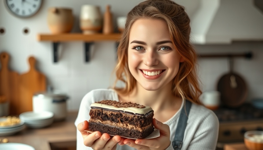 Smiling woman enjoys cake in rustic kitchen, highlighting gut health and sugar cravings.