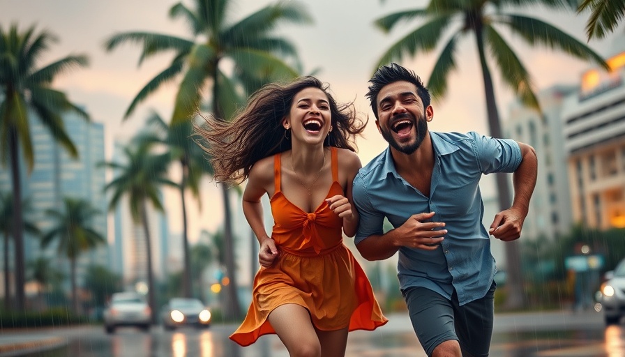 Joyful group running in rain, vibrant city scene, What would make the better story.