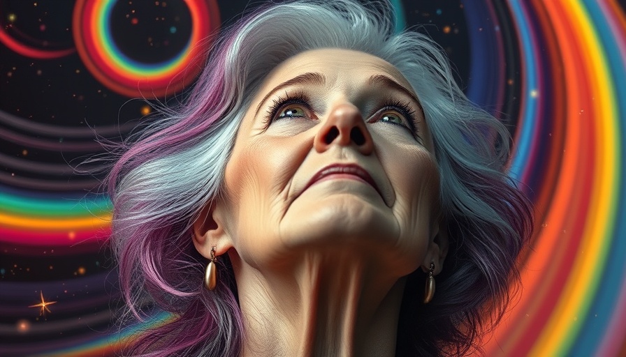 Ethereal portrait of older woman with rainbow hair contemplating, representing Coming Out at 50.