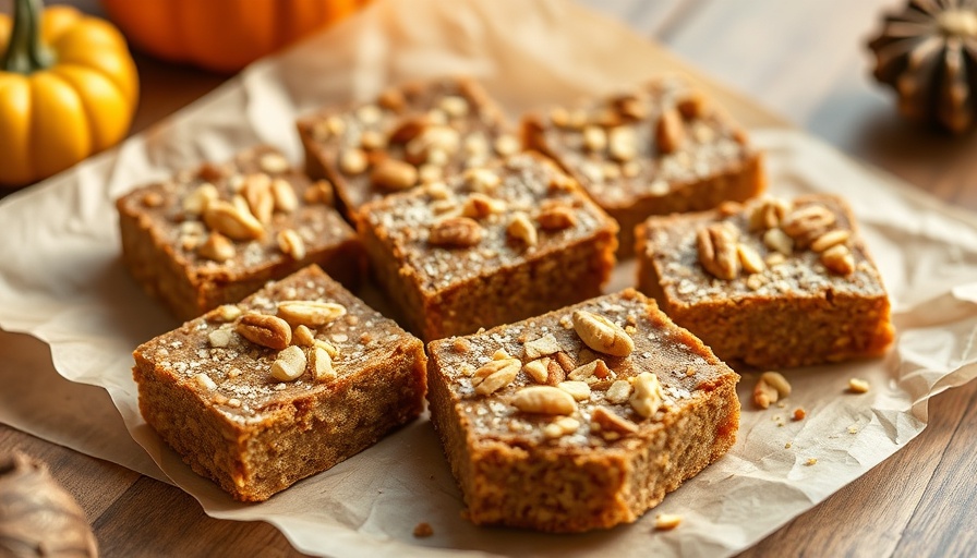 Close-up of pumpkin spice latte protein bars with nut topping.