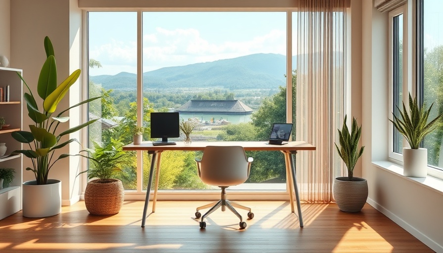 Modern home office with large window - work from home essentials.