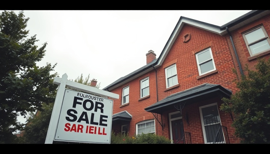 For sale sign in front of Toronto townhouse, overcast sky